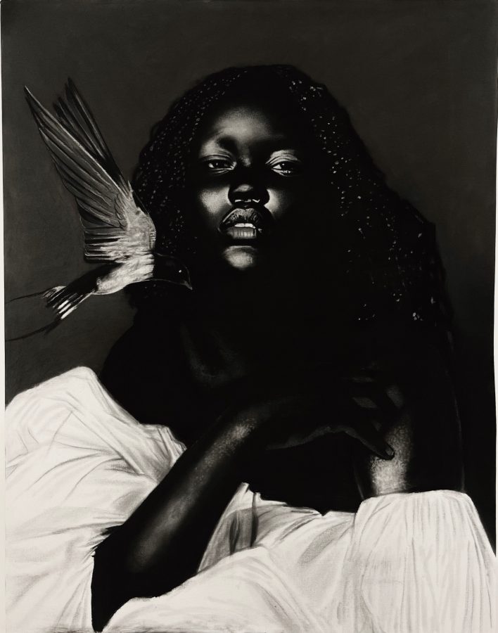 A Couple Minutes by Ritchelly Oliveira: a woman with long dark hair and half-closed eyes, wrapped in white drapery, a small bird at her shoulder, on a dark ground