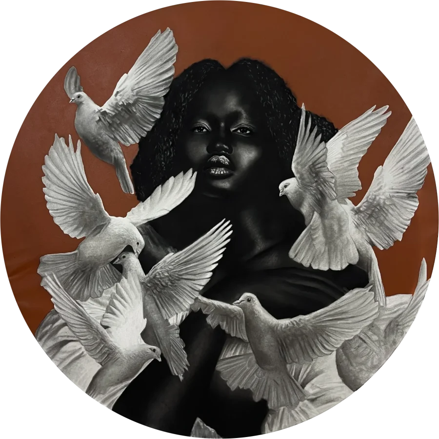 As cartas que escrevo by Ritchelly Oliveira: a circular composition of a woman surrounded by white doves in flight, against a terracotta ground, in a round black frame