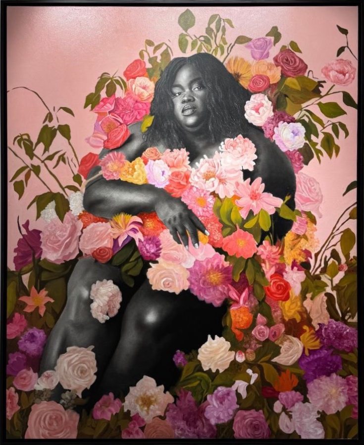 As flores que eu plantei I by Ritchelly Oliveira: a woman drawn in grey tones reclining among dense pink, red, orange and purple flowers, against a pale pink ground