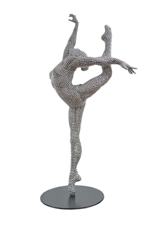 Ballerina by Valay Shende, contemporary sculpture of a dancer in arabesque made of stainless steel discs, available at Tilsitt Gallery Porto