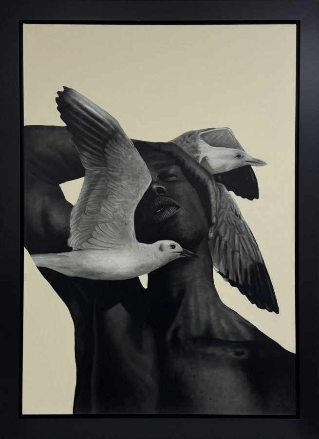 Breathe by Ritchelly Oliveira: a man with his head tilted back and eyes closed, one arm raised over his head, a white gull crossing in front of his face, on a pale ground