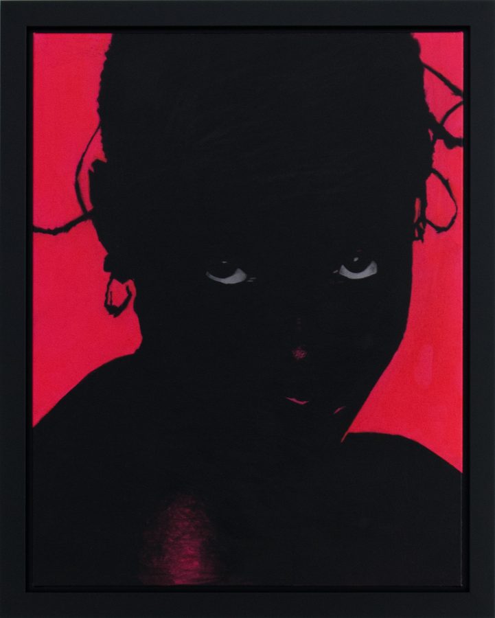Estudo sobre tela I by Ritchelly Oliveira: a near-black silhouette of a figure with only the eyes and earrings visible, against a bright pink-red ground, in a black frame