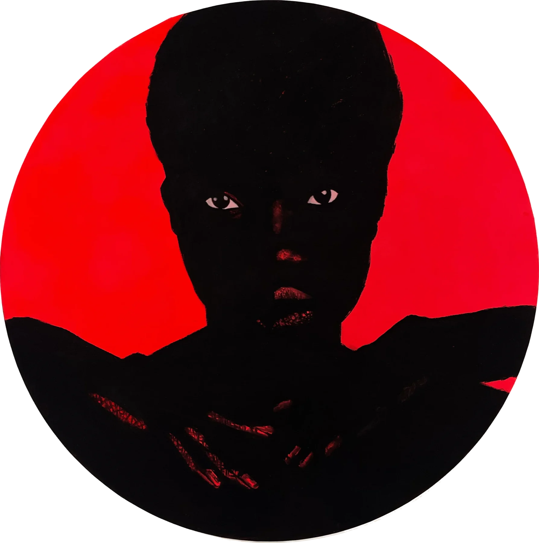 Cor sobre tela II by Ritchelly Oliveira: a circular composition of a dark silhouetted figure with visible eyes and a hand at the chest, against a bright red ground