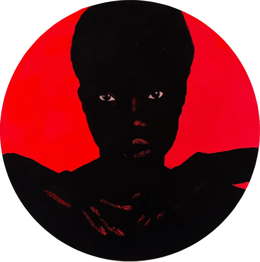 Cor sobre tela II by Ritchelly Oliveira: a circular composition of a dark silhouetted figure with visible eyes and a hand at the chest, against a bright red ground
