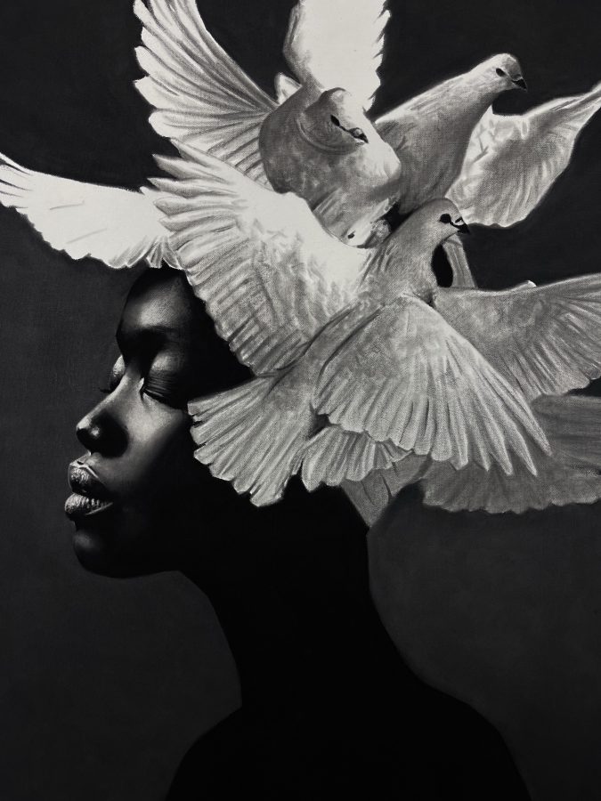 Coroação by Ritchelly Oliveira: a woman in profile with closed eyes, a crown of white doves in flight around her head, on a dark ground