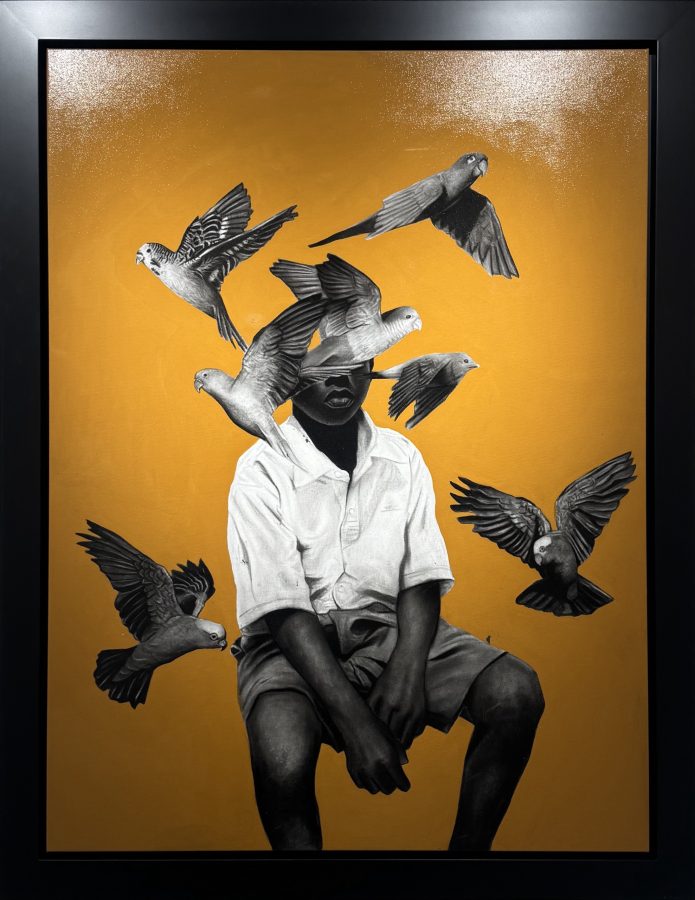 Criação da Fragilidade by Ritchelly Oliveira: a seated boy in a white shirt and shorts whose head is hidden by a flock of dark birds, against an ochre-brown ground