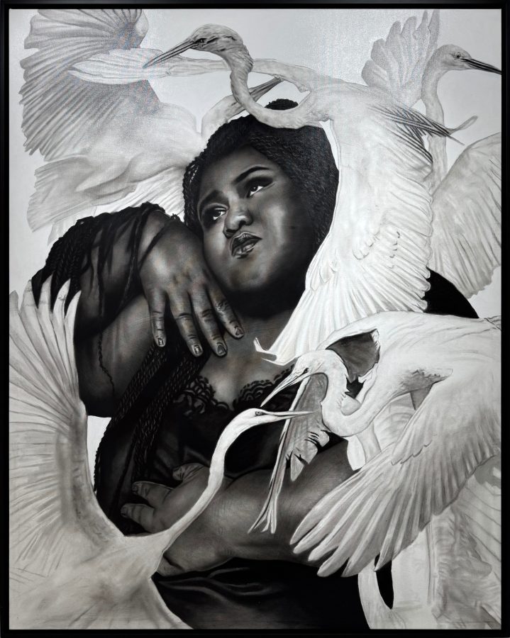 Deus é um sentimento by Ritchelly Oliveira: a reclining woman embracing herself, surrounded by white egrets with long necks and spread wings, in black and white on a white ground