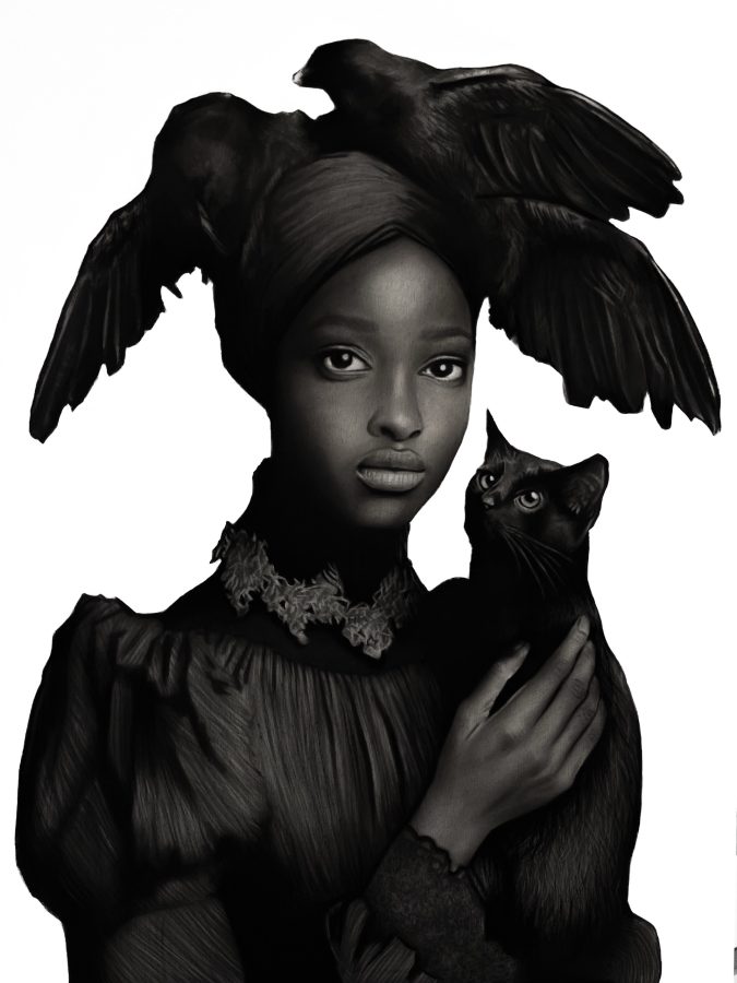 Gato Preto by Ritchelly Oliveira: a young woman in a head wrap with black birds perched on it, wearing a dark ruffled dress with a lace collar and holding a black cat, on a white ground