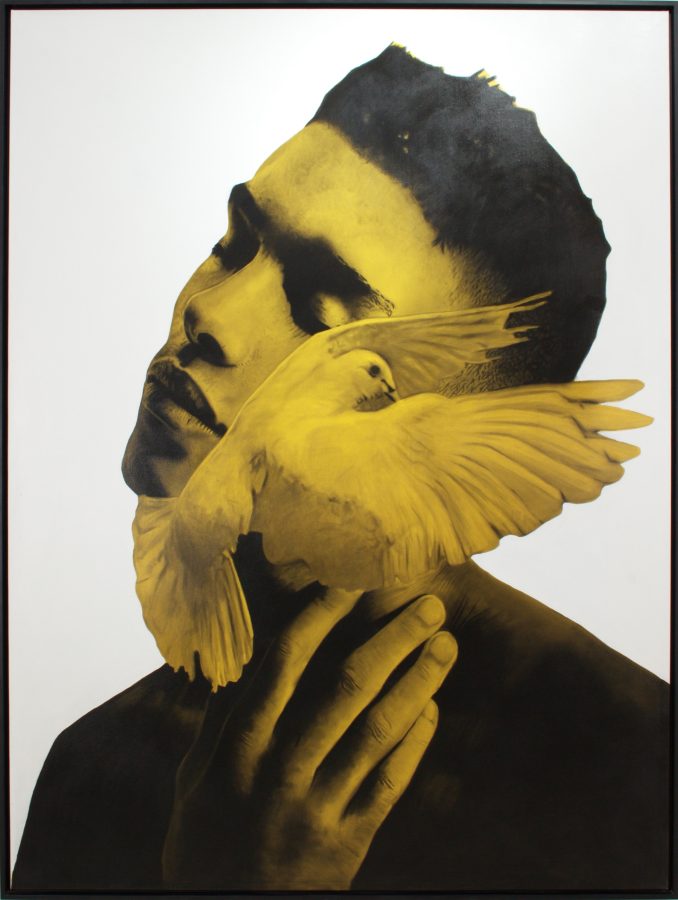 Heavy like the force between us by Ritchelly Oliveira: a man in profile with his head tilted back and eyes closed, holding a golden bird against his throat, in black and gold on a white ground