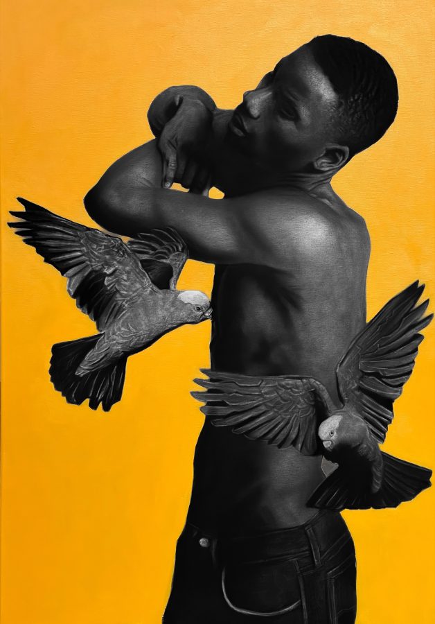 Hold on II by Ritchelly Oliveira: a shirtless young man twisting with his arms raised, dark birds flying around him, against a saturated yellow ground