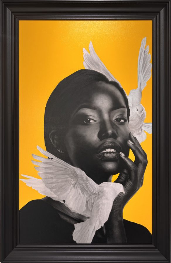 Intimidade I by Ritchelly Oliveira: a woman resting her hand against her cheek, a white dove at her throat, against a yellow ground, in a dark wooden frame
