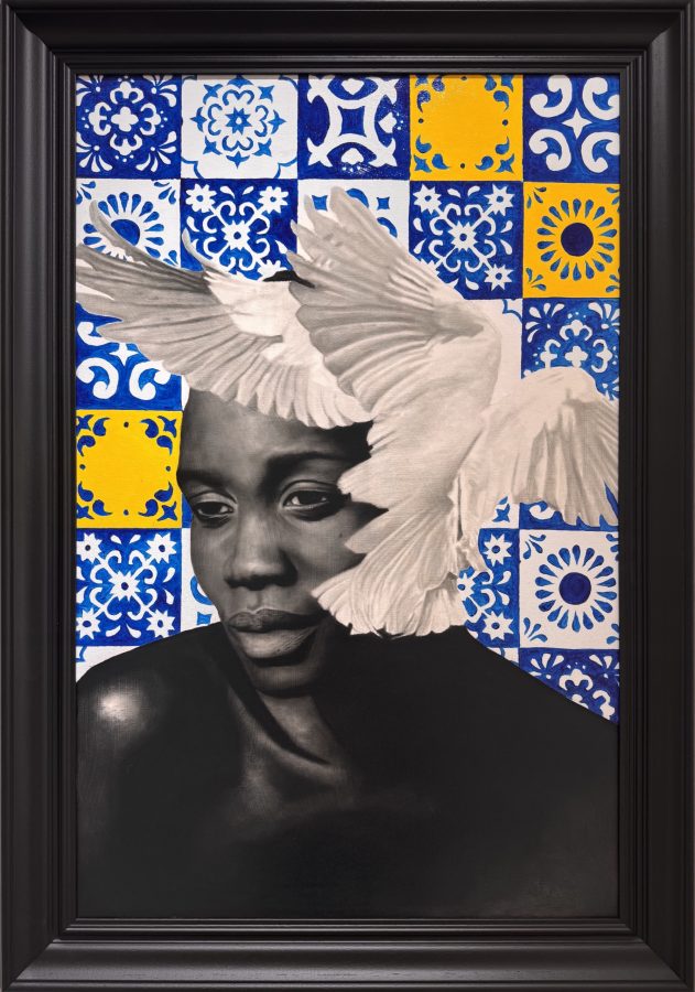 Intimidade II by Ritchelly Oliveira: a woman whose face is partly hidden by white doves, in front of blue, white and yellow Portuguese azulejo tiles, in a dark wooden frame
