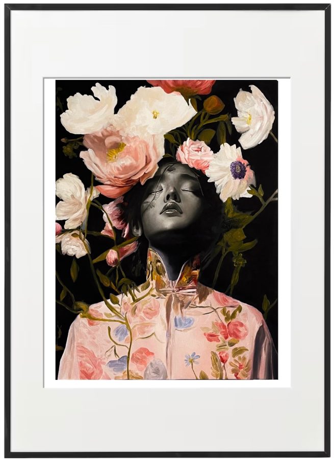 Jardim dos Sonhos by Ritchelly Oliveira: a woman with closed eyes and head tilted back, her face emerging from white and pink peonies and roses, in a white frame with a wide mat