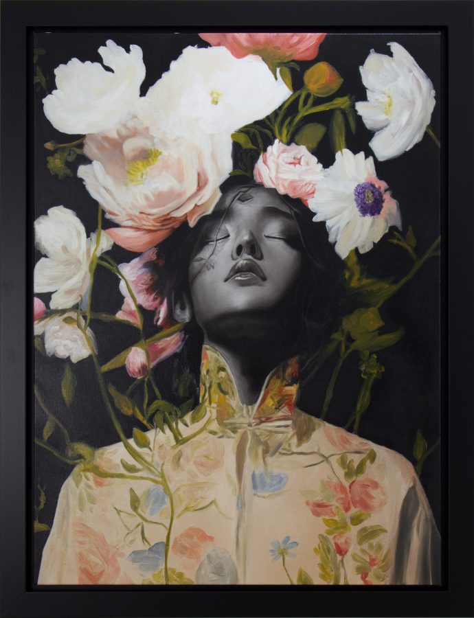 Jardim dos Sonhos by Ritchelly Oliveira: a woman with closed eyes and head tilted back, her face emerging from white and pink peonies and roses, wearing a pale embroidered shirt, on a dark ground