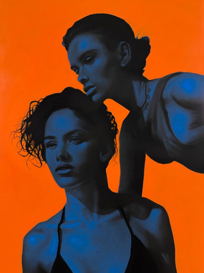Mar Azul by Ritchelly Oliveira: two women rendered in deep blue tones, one leaning over the other, against a saturated orange ground