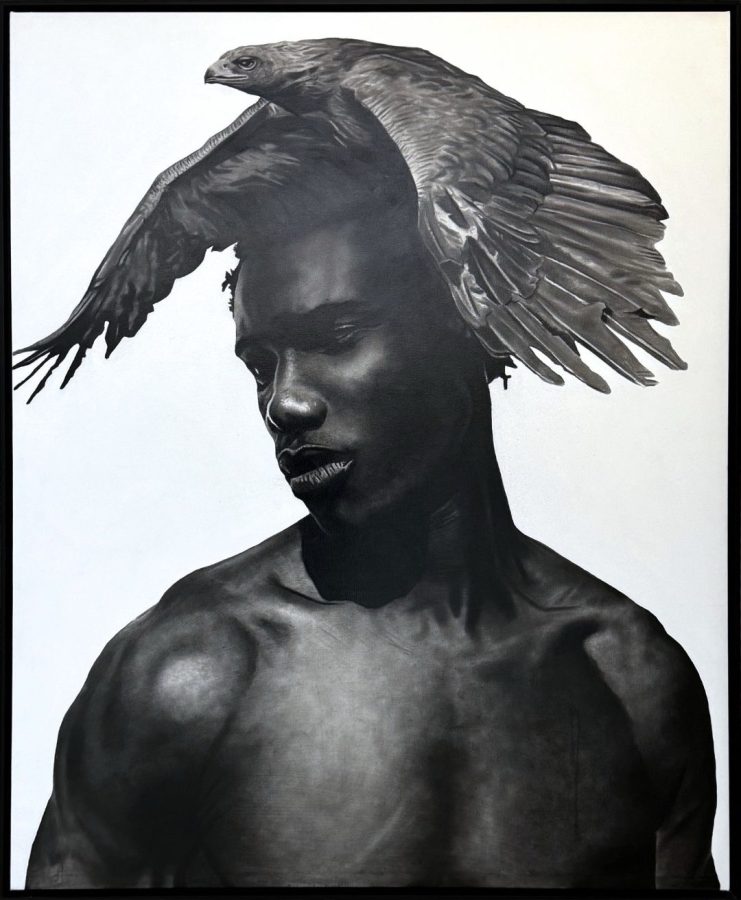 Metáfora by Ritchelly Oliveira: a shirtless man with his head lowered, a large bird of prey with spread wings perched on his head, on a white ground