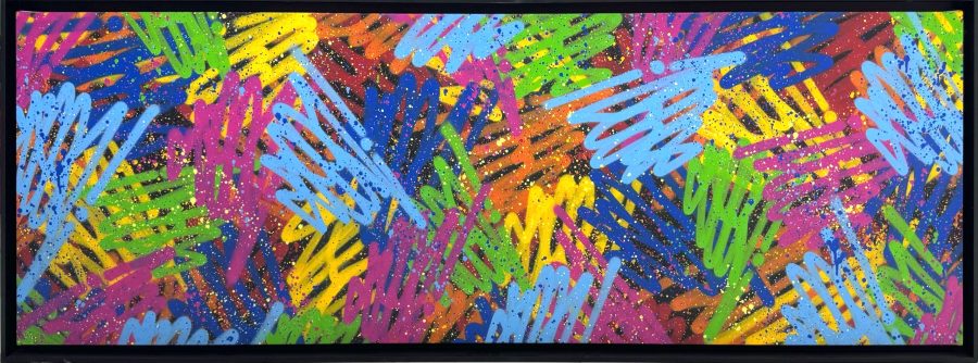 Multi Tags (66 x 176 cm) by SEEN, large panoramic graffiti spray on canvas with dense lettering, available at Tilsitt Gallery Porto