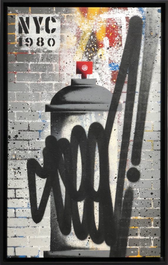 NYC Street Splash, 2021 by SEEN, framed spray paint on canvas with grey brick wall ground 80.5 x 50.5 cm (31.7 x 19.9 in), available at Tilsitt Gallery Porto