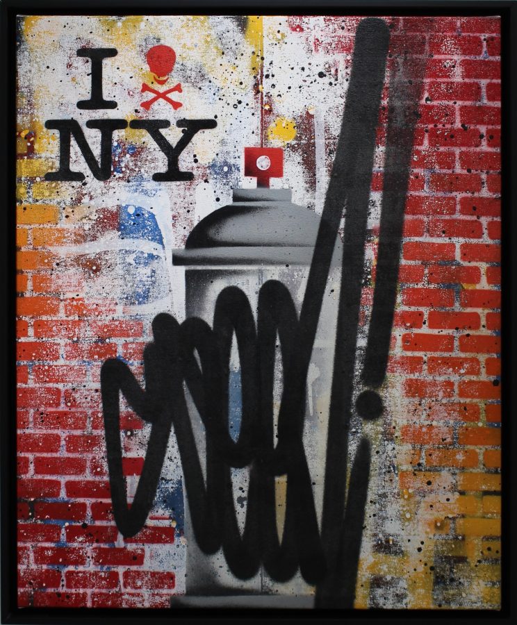 NYC Street Splash, 2021 by SEEN, large framed spray on canvas with red brick wall and I Heart NY stencil 80.3 x 66 cm (31.6 x 26.0 in), available at Tilsitt Gallery Porto