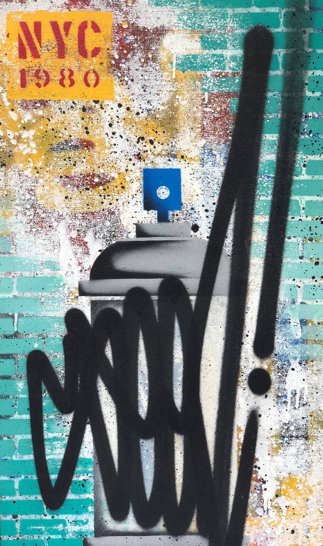NYC Street Splash, 2021 by SEEN, framed spray paint on canvas with turquoise and yellow wall ground 80.5 x 50.5 cm (31.7 x 19.9 in), available at Tilsitt Gallery Porto