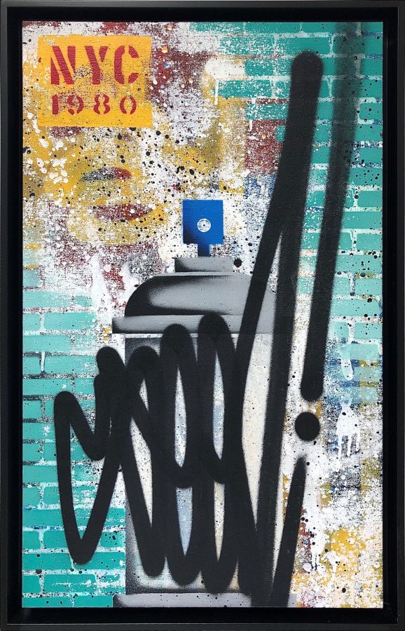 NYC Street Splash, 2021 by SEEN, framed spray paint on canvas with turquoise and yellow wall ground 80.5 x 50.5 cm (31.7 x 19.9 in), available at Tilsitt Gallery Porto
