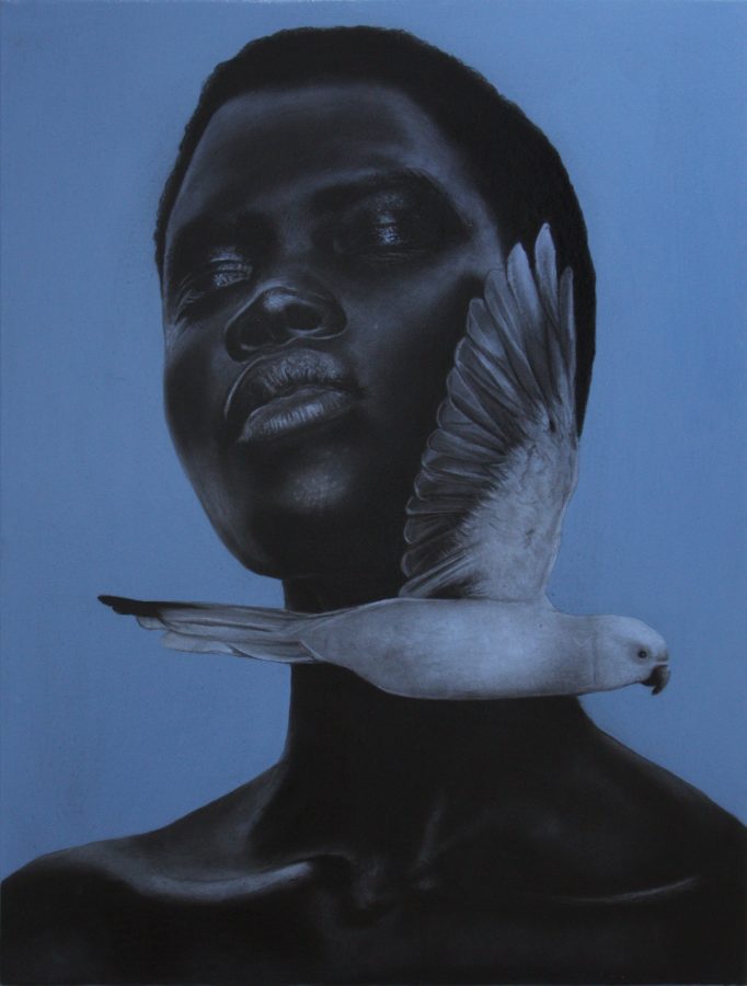 Pássaro Azul by Ritchelly Oliveira: a woman with her head slightly raised and a white bird with spread wings across her throat, against a pale blue ground
