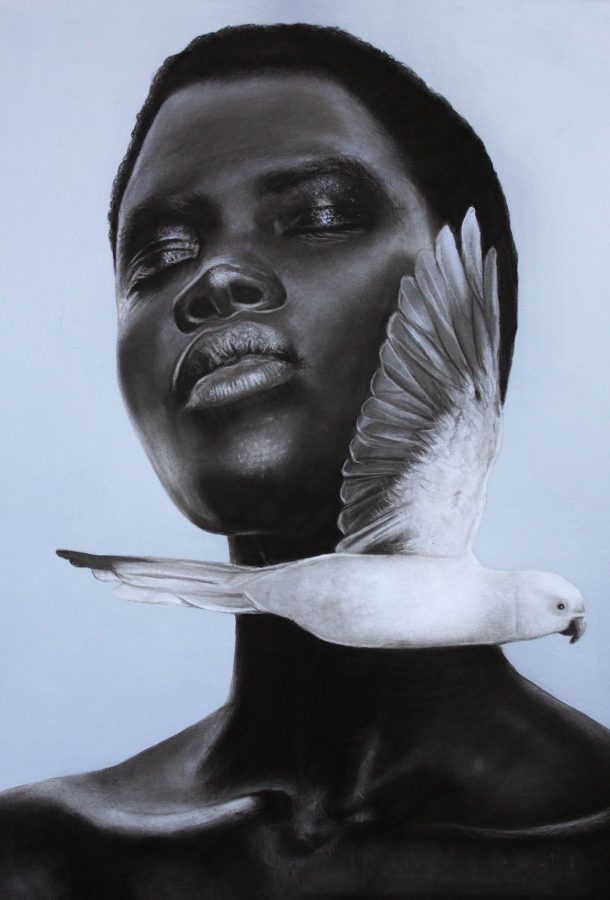 Pássaro Azul by Ritchelly Oliveira: a woman with her head slightly raised and a white bird with spread wings across her throat, against a pale blue ground