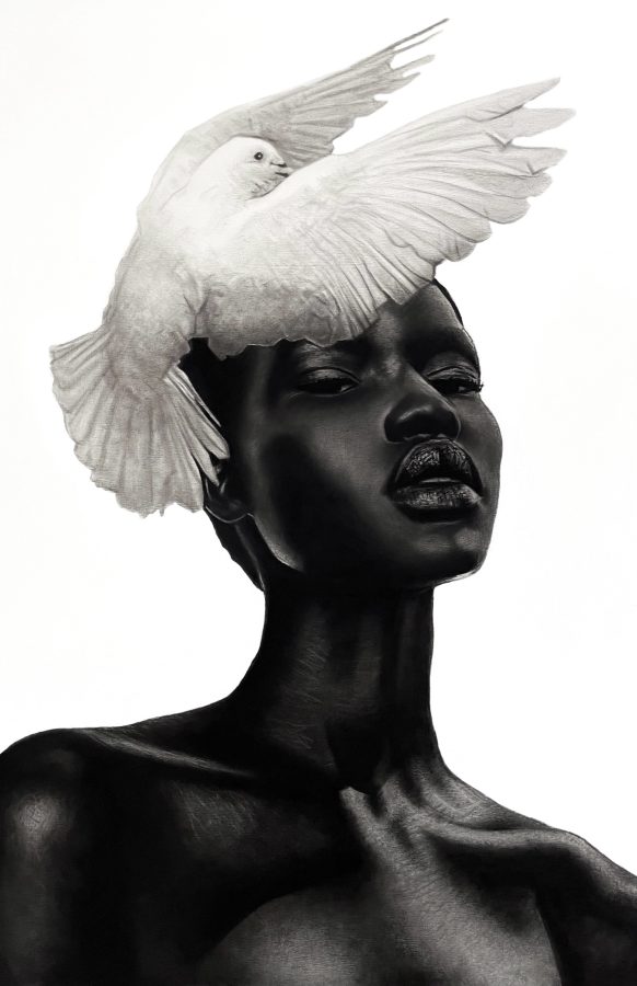 Quietly by Ritchelly Oliveira: a woman with bare shoulders turning her head with closed eyes, a white dove with outstretched wings landing on her head, on a white ground