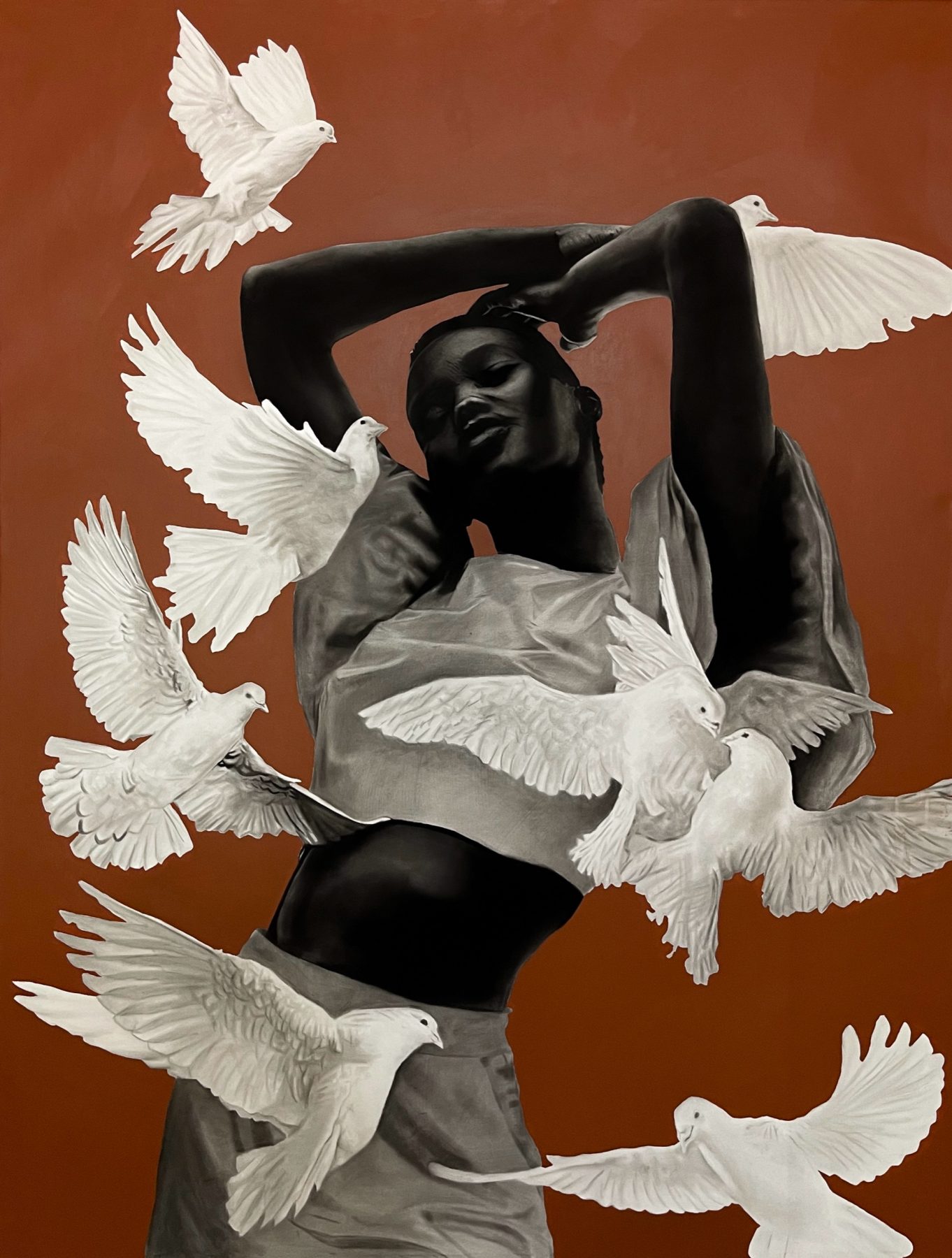 Recomeço by Ritchelly Oliveira: a woman standing with her arms raised above her head, surrounded by white doves in flight, against a rust-brown ground