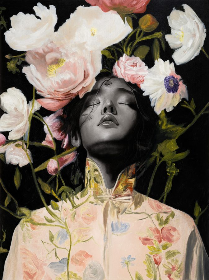 Jardim dos Sonhos by Ritchelly Oliveira, charcoal and oil painting of [a young woman among flowers], 2025