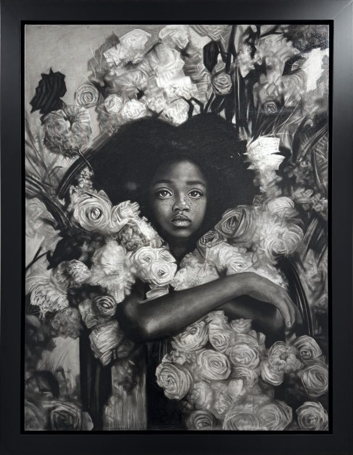 Semente by Ritchelly Oliveira: a woman with voluminous hair wrapping her arms around herself, enveloped by roses and peonies, in black and white