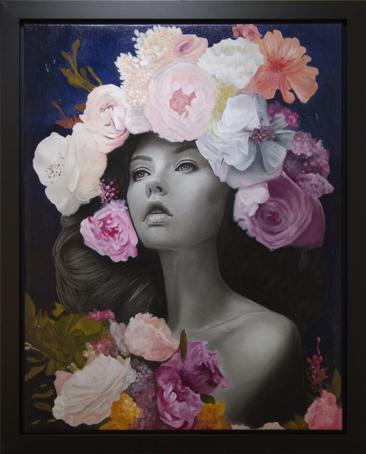 Sofia by Ritchelly Oliveira: a woman with long hair and bare shoulders, crowned with pink, white and purple peonies and roses, against a deep blue ground