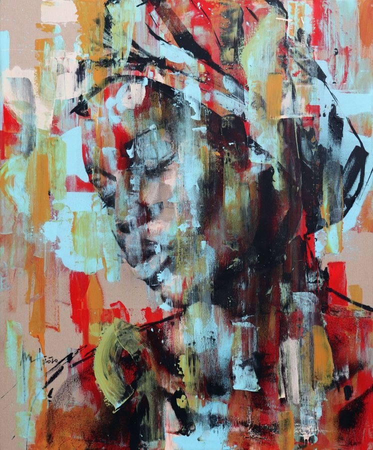 Somnium I by Mario Henrique, figurative oil and acrylic painting of a face with lowered eyes surfacing through thrown red, ochre, teal and black paint on canvas