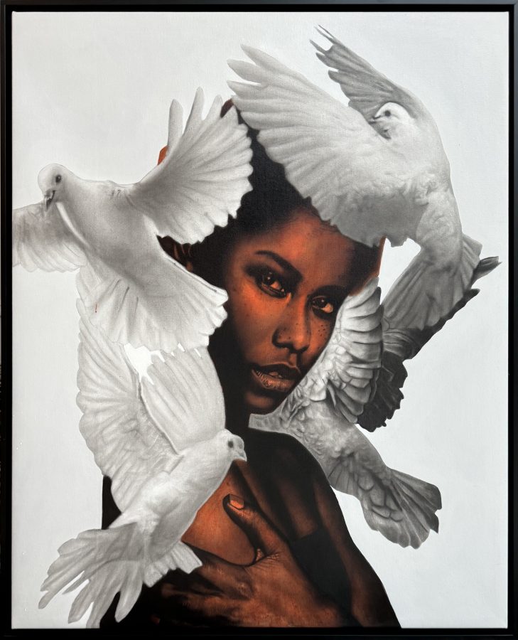 The girl in the feather canyons by Ritchelly Oliveira: a young woman with warm-toned skin looking straight ahead, a hand at her chest, surrounded by swirling white doves