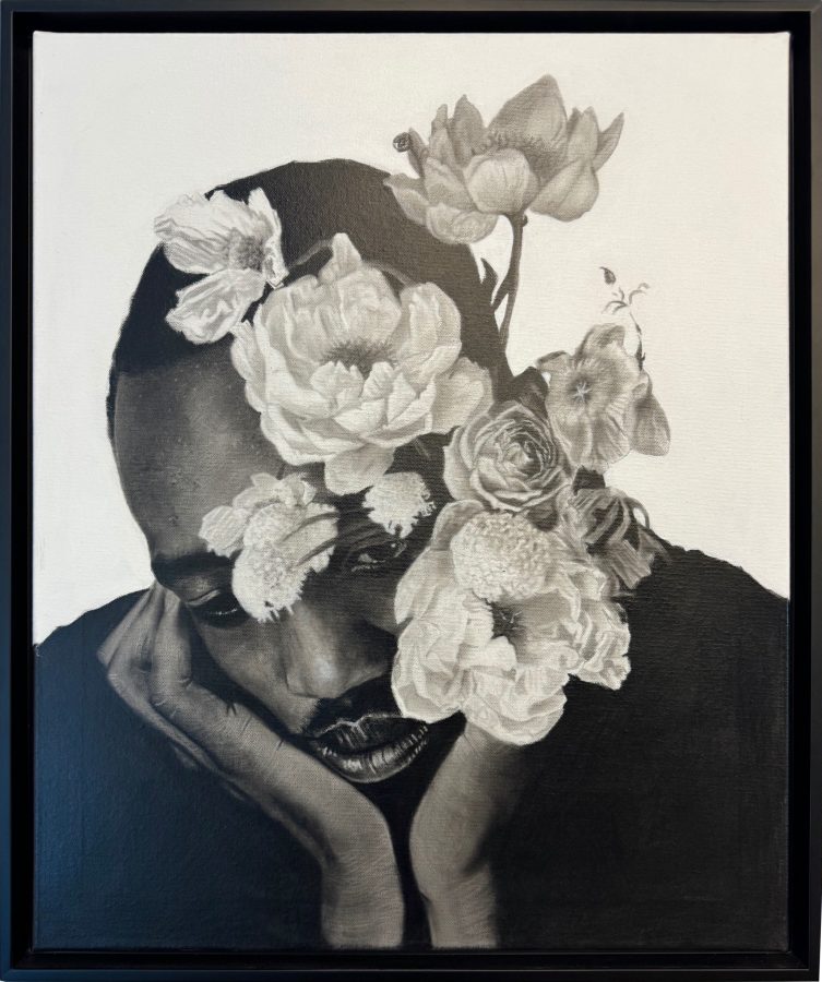 There must have been an angel by my side by Ritchelly Oliveira: a young man resting his chin on his hands, his face hidden behind a cluster of large white flowers, in black and white