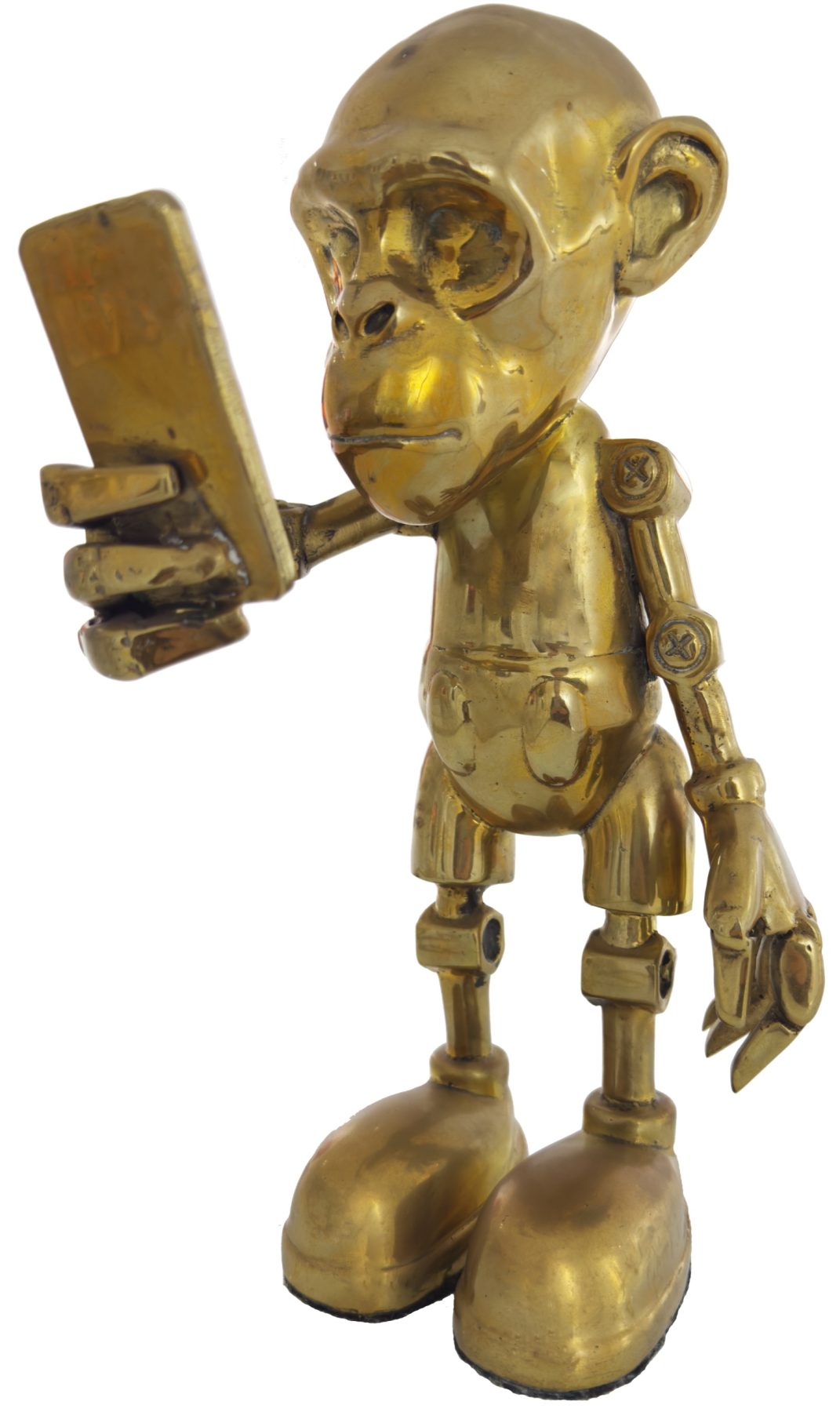 Toy Art by Beto Gatti, polished golden bronze sculpture of a primate-headed figure with robotic joints and oversized shoes staring at a smartphone, 2022