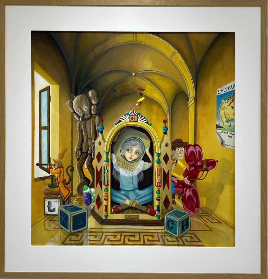 Toy Room by Gabriela Lukschal, surreal acrylic painting of a doll-like girl seated in an ornate toy theatre, surrounded by toys, alphabet blocks and a balloon dog in a golden vaulted room, 2021
