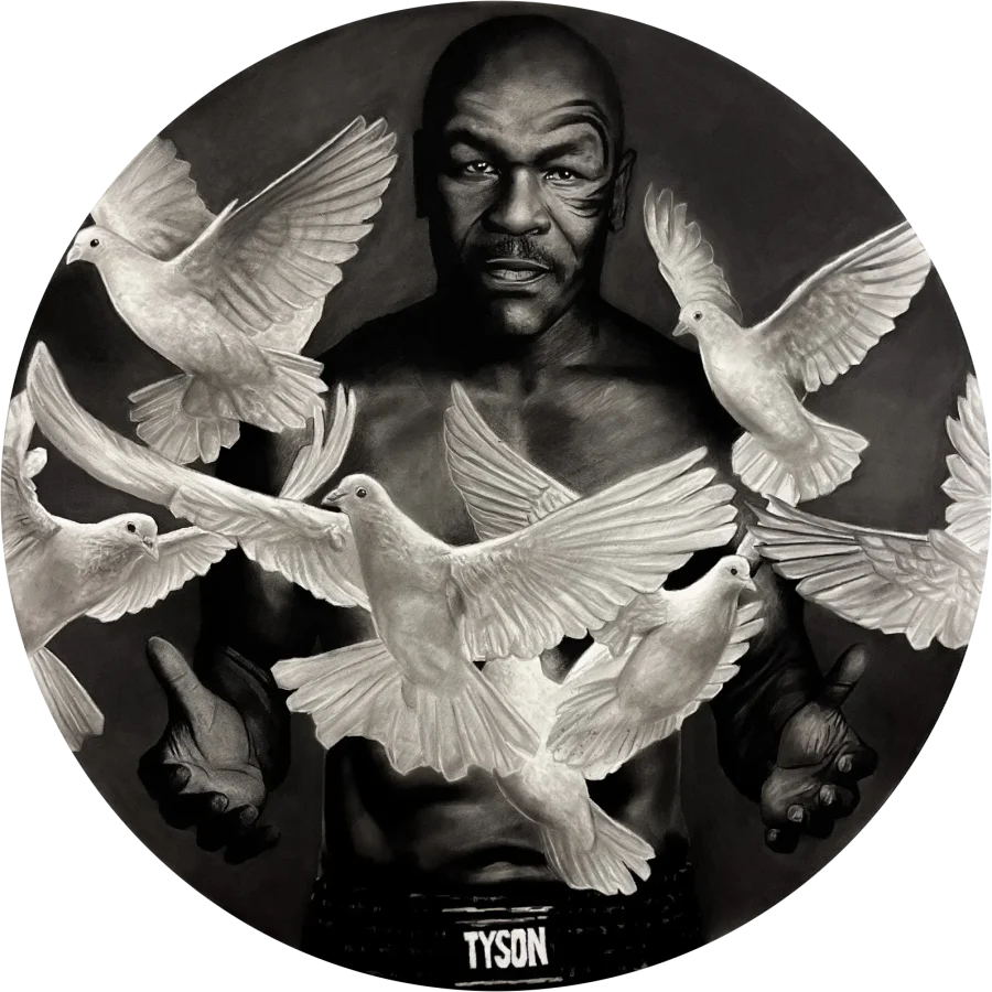 Tyson by Ritchelly Oliveira: a circular black and white composition of a boxer at the centre, white doves flying across his body, his waistband lettered TYSON, on a black ground