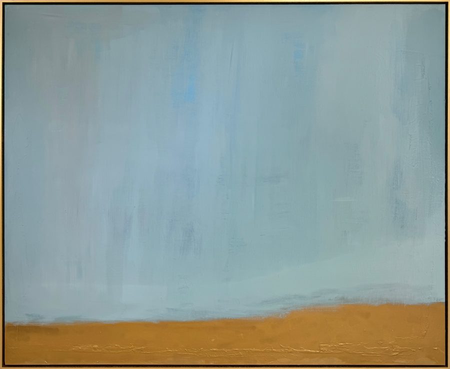 Untitled (2022) by Pau Escat, large horizontal abstract painting in pale blue and gold leaf with floating frame, available at Tilsitt Gallery Porto