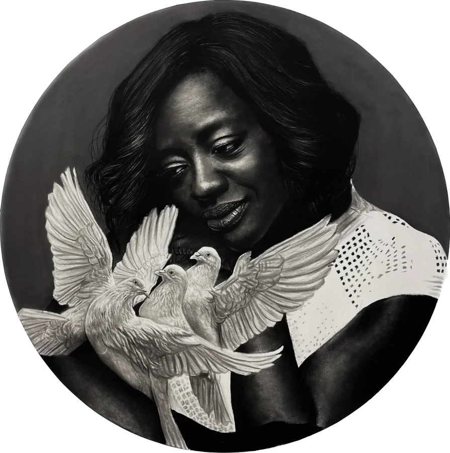 Viola and the birds by Ritchelly Oliveira: a circular composition of a smiling woman with short hair and lowered eyes, white doves gathered at her chest, on a black ground