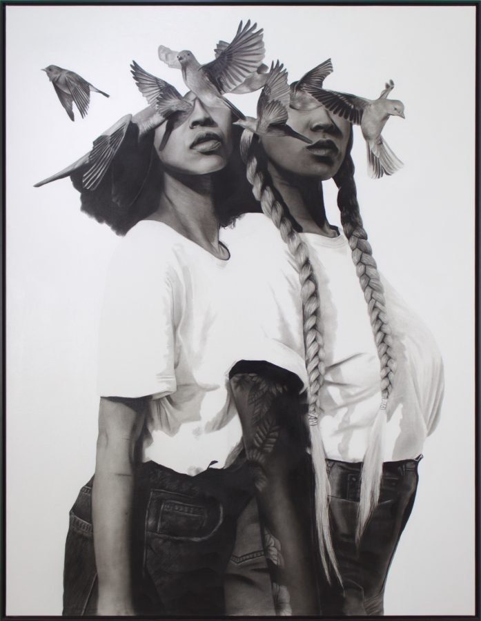 Wounded birds by Ritchelly Oliveira: two young women side by side in white T-shirts, one with long braids, their faces partly hidden by small birds in flight, on a pale ground